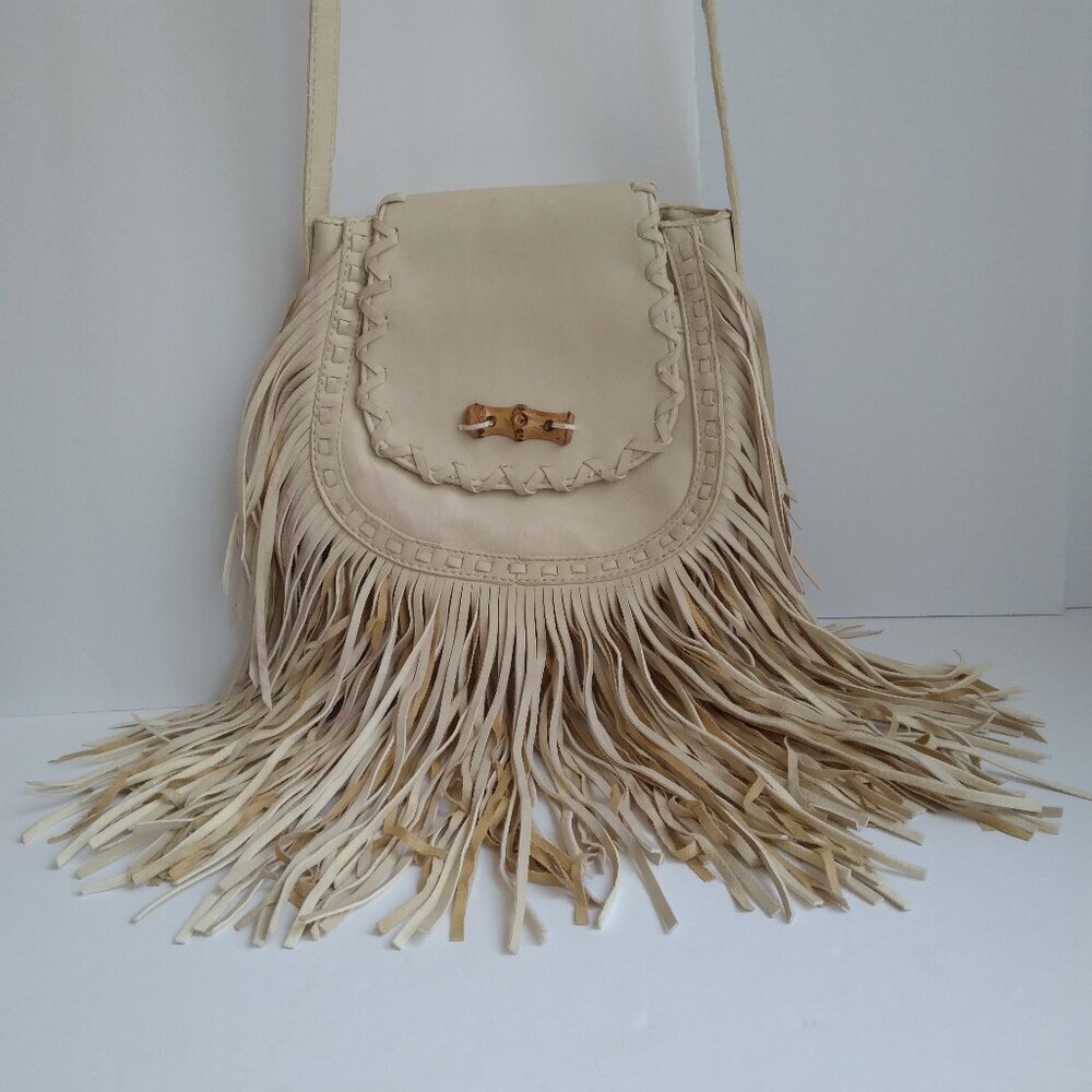 Big Buddha Cream  Pleather Crossbody Saddlebag Very Long Full Fringes All Around